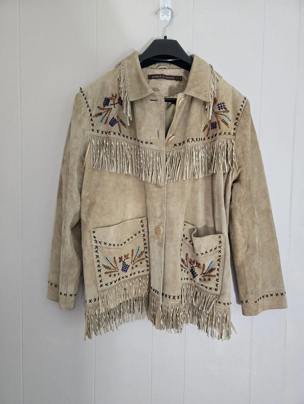 Vintage Double D Ranch Fringe Suede Leather Jacket Beaded Embroidery Western L - Picture 2 of 16